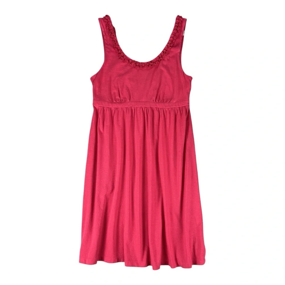 LOFT Pink Cotton Dress with Empire Waist and Scoop Floral Ruffle Neckline - Picture 1 of 10